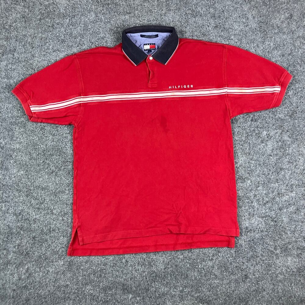 Tommy Hilfiger Polo Shirt Mens L Red‎ Stripe Vintage Y2K Preppy Classic Fit
